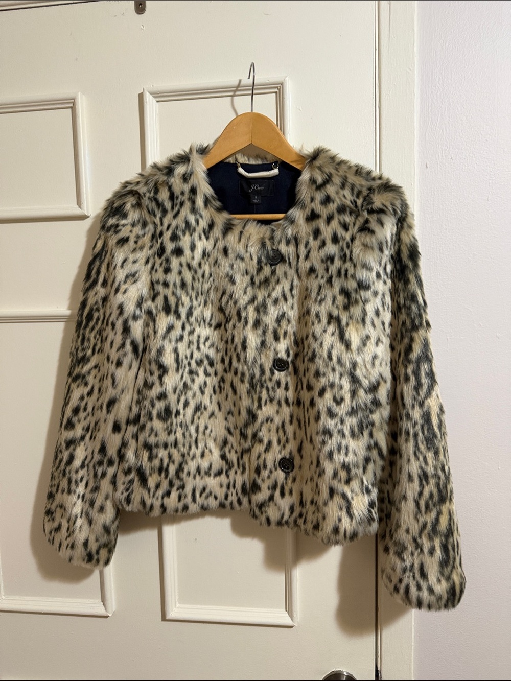 J. Crew Faux Fur Leopard-Print Cropped Jacket in Cream and Black